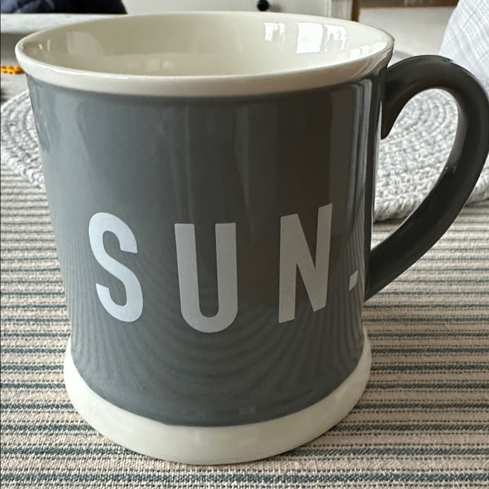 Creative Co-Op Gray Mug with White Lettering “SUN.”
